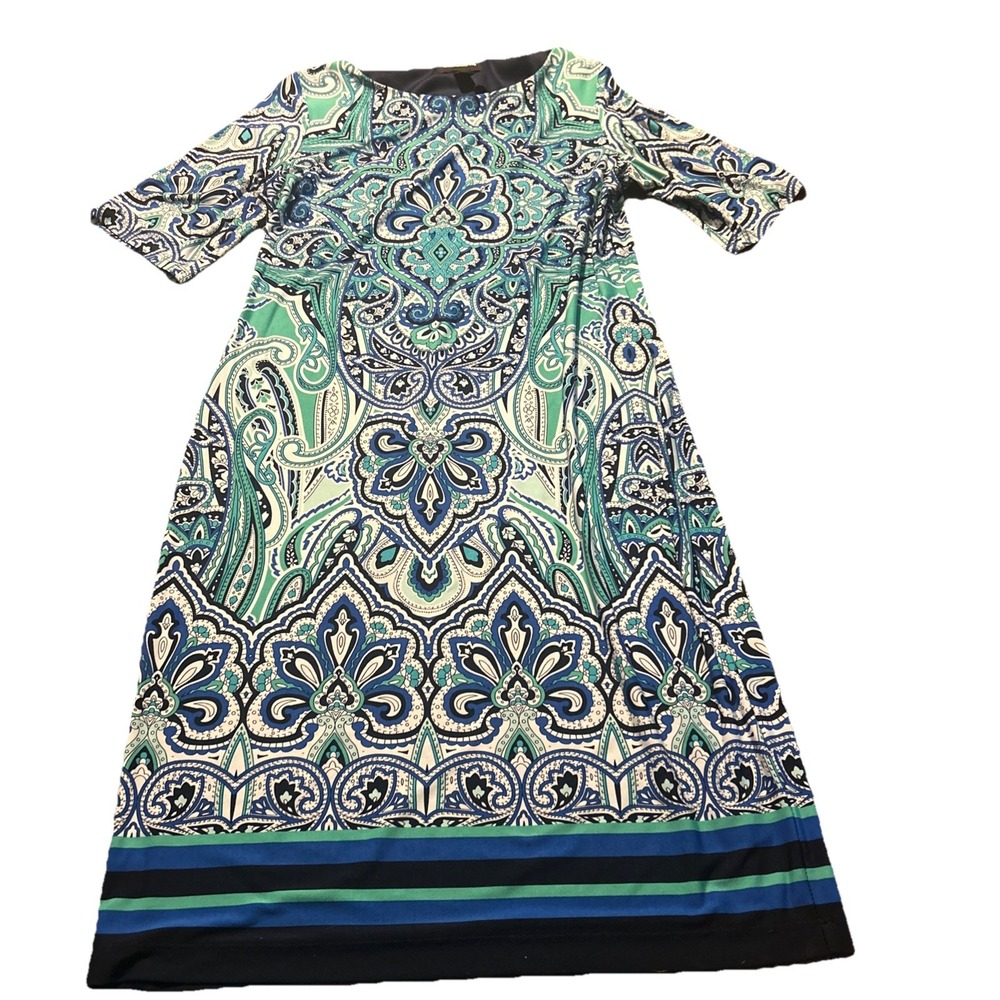 Liz Claiborne Green Blue Paisley Print Sheath Dress Womens Size 8 Sleeveless‎